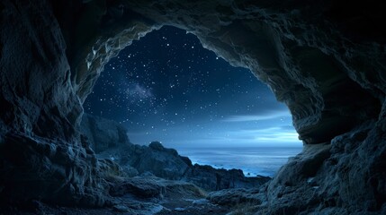 beautiful cave at night with well-lit starry sky in high resolution and high quality, caves at night concept, real starry night, real sky