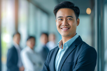 Portrait of a handsome smiling Asian businessman boss in a suit standing in a modern business company office - obrazy, fototapety, plakaty