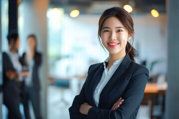Portrait of a attractive smiling asian businesswoman in a suit standing in a modern business company office, with her workers standing in the blurry background