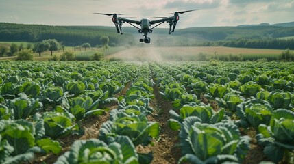 Panorama agriculture drone fly to sprayed fertilizer on Cabbage field. smart farmer use drone for various fields like research analysis, terrain scanning technology, smart technology concept.  - obrazy, fototapety, plakaty