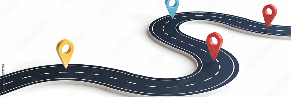 Wall mural road trip and journey route. winding road on a white background with pin pointer. vector eps 10, top