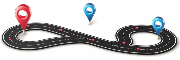 Road trip and Journey route. Winding Road on a white background with Pin Pointer. Vector EPS 10, top view