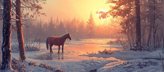 In the snowy forest landscape at sunset, there is a horse with a reddish hue.