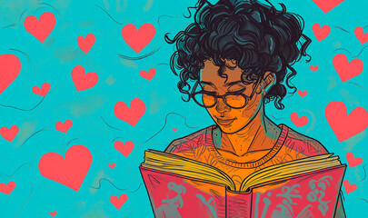 Book Lovers Day on August 9.Holidayof bibliophiles. Pretty Young Girl Read a Book Holding in Hands. Romance. Blue Background with Red Hearts. AI Generated. Horizontal Plane. Copy Space. Mockup.