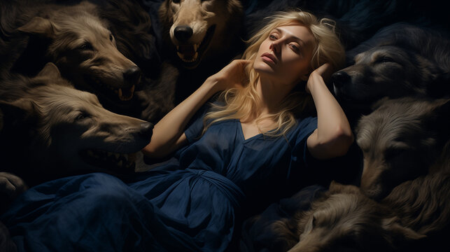 Starry Night A Blonde Woman Is Exhausted Surrounded By Wolves --ar 16:9 