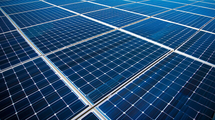 Expansive solar panel array with a clear blue sky, showcasing renewable energy technology.