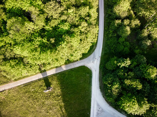 Aerial view of sunny day beautiful forest area with trees and road