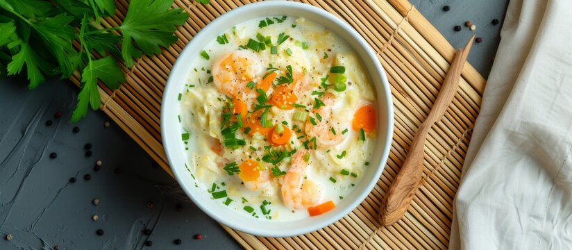 Best for children, a top view of Steamed Egg with carrot and shrimp, served in a white bowl on a wooden mat, ideal for still life food photography, with space for text.