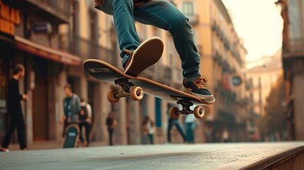 skateboarder doing jump trick in urban location  - obrazy, fototapety, plakaty