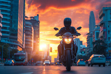 man riding a motorcycle through a city at sunset. The sky is a beautiful shade of orange and pink, and there are other vehicles on the road