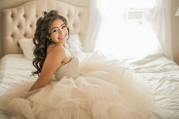 15 year old Latina girl sitting in her bedroom dressed in traditional white dress for her quinceanera party