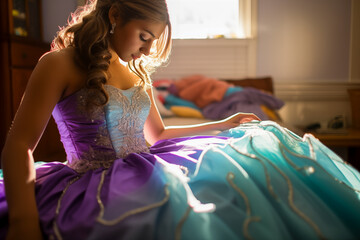 beautiful 15 year old Latina quince girl dressed in colorful purple and teal dress for her quinceanera party