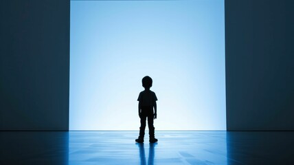child’s silhouette against a brightly lit, blank background, where the vast negative space accentuates the innocence and simplicity of the subject's form