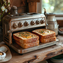 Vintage Toaster Browning Bread in Rustic Kitchen