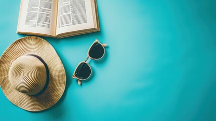 flat lay of summer essentials, including sunglasses, a straw hat, and a book, arranged on a vibrant blue background