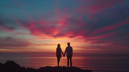 Obraz premium silhouette of a couple holding hands, set against the backdrop of a colorful sunset over the ocean