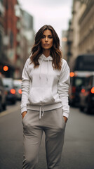 Fototapeta premium A HD Portrait of a young woman with brunette hair standing in the Streets of London.