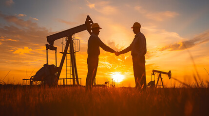 Naklejka premium Two Men Shaking Hands in Front of a Sunset