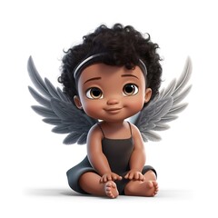 Cute black baby angel isolated on white background, cartoon style