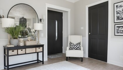 beautiful foyer with black and white decor