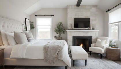 beautiful bedroom with fireplace and neutral decor