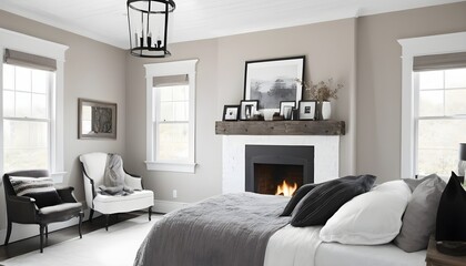 beautiful comfortable bedroom with black and white decor and fireplace
