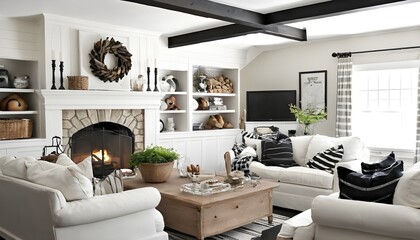 beautiful comfortable family room living room with black and white decor and fireplace