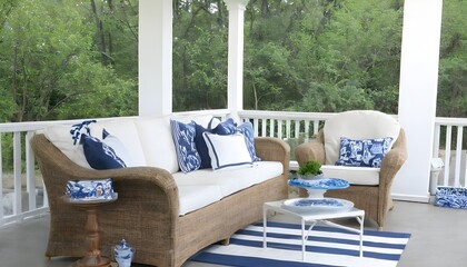 bright porch with blue and white decor