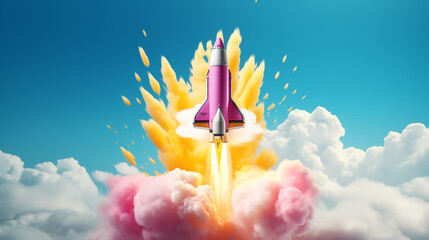 Pink rocket launching into a blue sky with clouds. Explosion boom colors pop art.