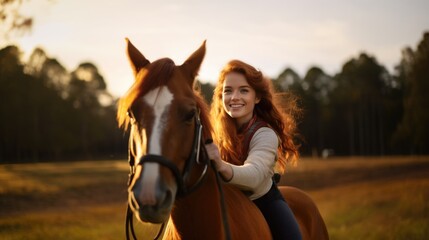 Obraz premium Beautiful red-haired girl riding a horse on the field at sunset
