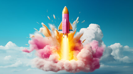 Rocket Launch with Vibrant Explosion pink and yellow colors, clouds in blue sky.