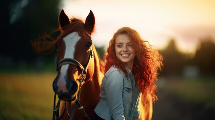 Obraz premium Portrait of beautiful young redhead girl with her horse at sunset