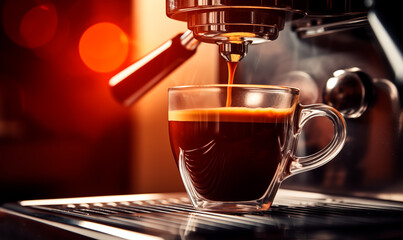 Espresso machine brewing a coffee, close up of coffee pouring into small mug, copy space