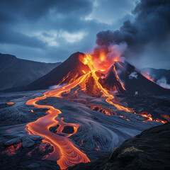 Majestic Volcanic Eruption with Flowing Lava at Twilight