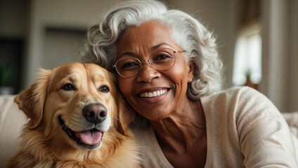 Joyful elderly black woman with a golden retriever, close-up selfie at home.