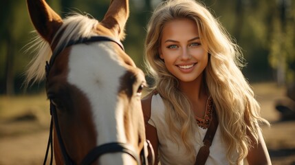 Fototapeta premium Portrait of a beautiful blonde girl with a horse in the park