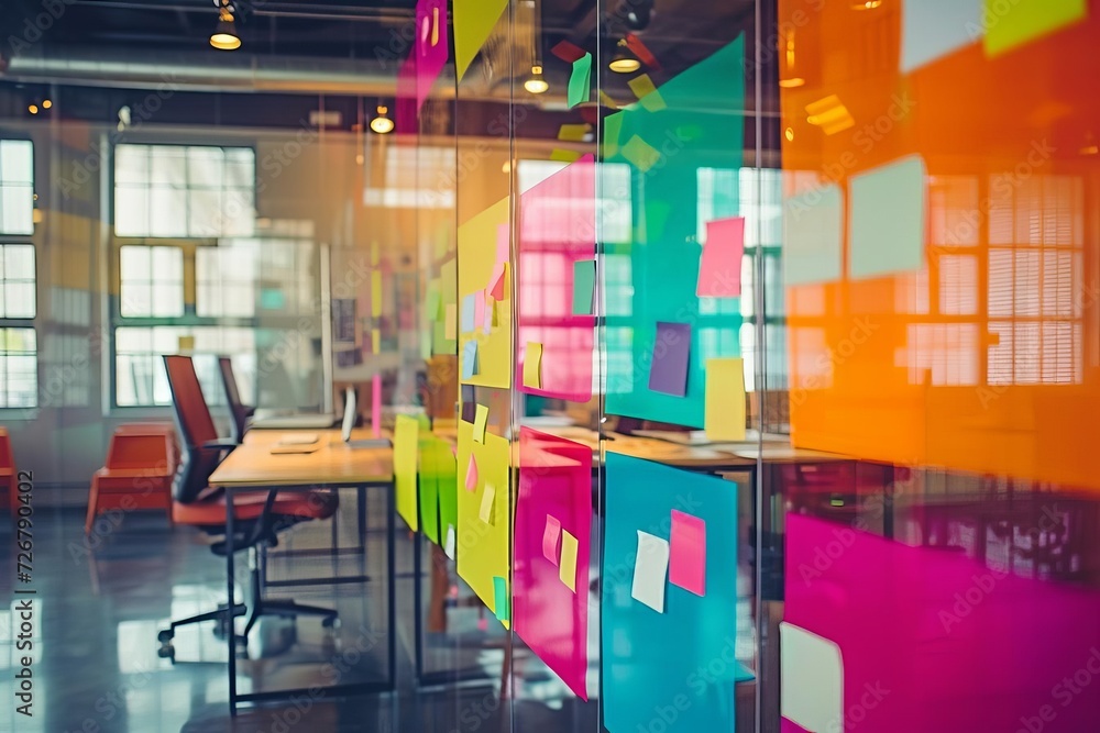 Aufkleber creative brainstorming session in a colorful startup environment with sticky notes on glass walls