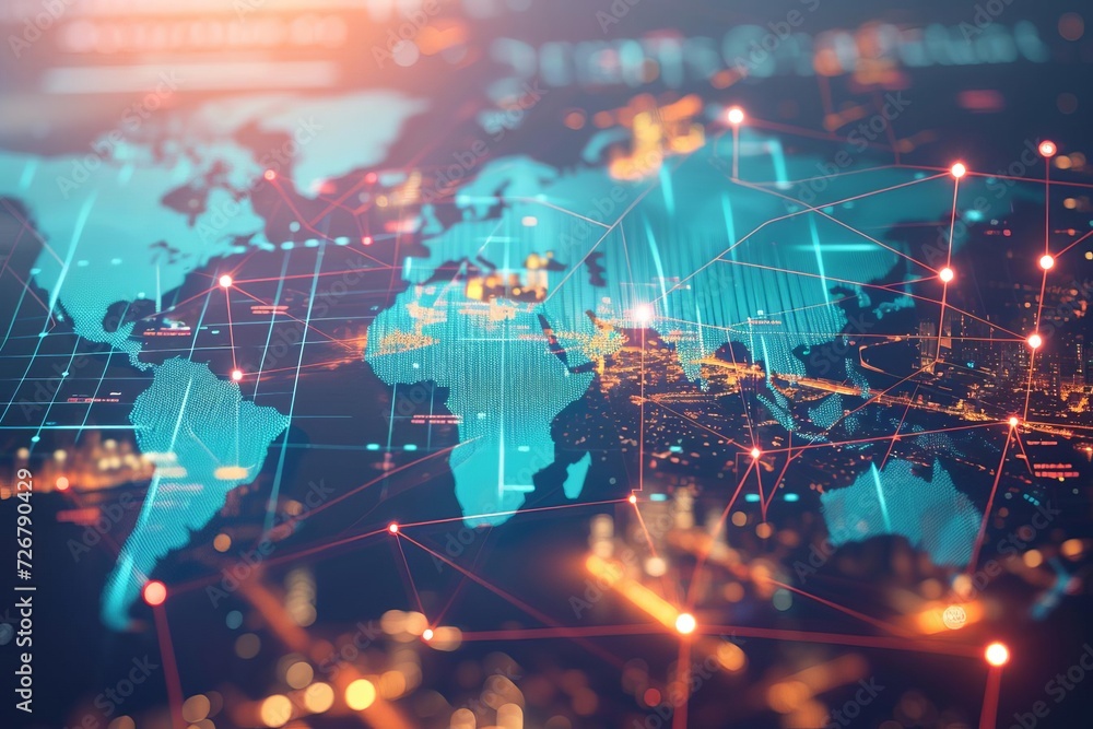 Poster global logistics center with a world map displaying real-time shipping and delivery routes