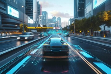 Fototapeta na wymiar Futuristic financial district with smart buildings Holographic displays And autonomous vehicles