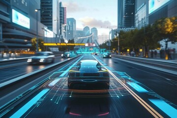 Obraz premium Futuristic financial district with smart buildings Holographic displays And autonomous vehicles