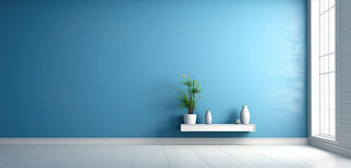 Extra wide blue virtual empty room background backdrop banner image with window for online presentations and zoom meetings - obrazy, fototapety, plakaty