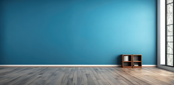 Extra wide blue virtual empty interior room background backdrop banner image with window for online presentations and zoom meetings video calls