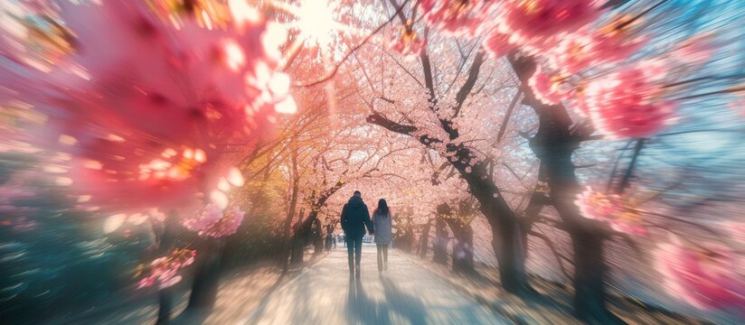 Zoom burst effect captures a couple strolling amid spring cherry blossoms.