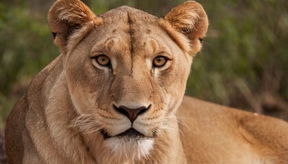 A lioness looking directly into the camera, a portrait. The background is blurred. Wildlife concept, dominant mammals, kings in the animal world.