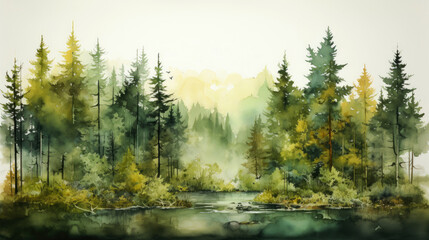 Watercolor style painting of the forest with fir trees, pines, lakes. Background in green shades