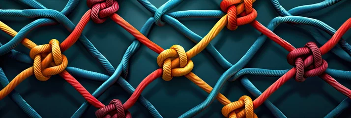 Foto op Canvas a net of colored rope with red, blue and orange colors, Suitable for outdoor, adventure, teamwork and leadership concept designs. Colorful, strong, teamwork, adventure, outdoor, vibrant, leadership,  © Planetz