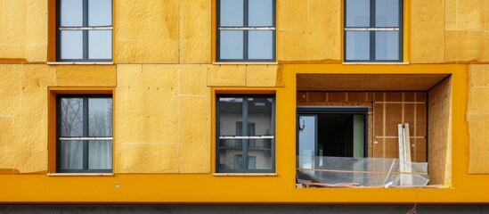 Fototapeta premium Insulating the exterior walls of a residential building under construction using mineral wool to clad and warm the ventilated facade.