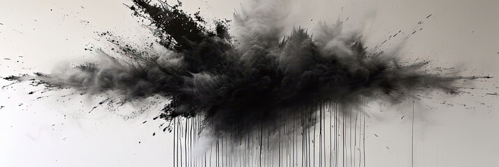 Obraz premium a black splash painting on white background, Black charcoal powder dust paint white explosion explode burst isolated splatter abstract. black smoke particles explosive