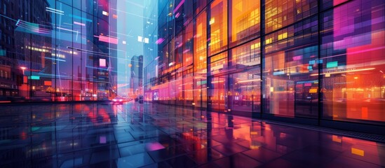 Modern building exterior with colorful lighting and double exposure.