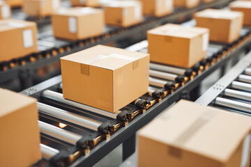 Closeup of multiple cardboard box packages seamlessly moving along a conveyor belt in a warehouse fulfillment center. Backlight.
